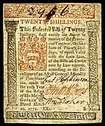 Pennsylvania colonial currency, 20 shilling, 1771 (obverse)