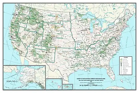 一张标注了美国的国家森林、国家草原位置的地图