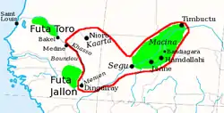 the greatest extent of the Toucouleur Empire at the time of El Hadj Umar Tall's death in 1864