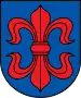 A coat of arms depicting a large, red fleur-de-lis that has a horizontal symmetry axis all on a blue background bordered by a black line