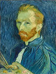  A portait of Vincent van Gogh from the left (good ear) holding a palette with brushes.  He is wearing a blue cloak and has yellow hair and beard. The background is a deep violet.