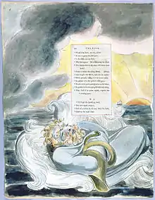 A bearded man floats on the sea, with a storm cloud and a sunrise in the background