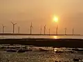 夕陽下的高美溼地風力發電機。