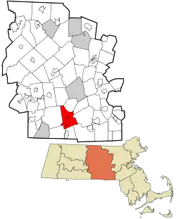 牛津在烏斯特縣及麻薩諸塞州的位置(以紅色標示)
