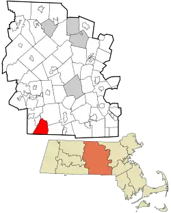紹斯布里奇在烏斯特縣及麻薩諸塞州的位置(以紅色標示)