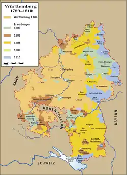 1789年至1810年符騰堡的領土變遷。原公國領土以橙色表示，1803年獲得的領土以綠色表示，1805年獲得的領土以棕色表示。其餘新領土則是升為王國時候所獲得。