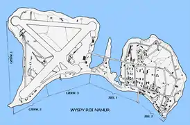 二战时期罗伊-纳穆尔岛地图，其中堤道大约处于正中