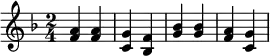 {\key f \major \time 2/4 <a' f'>4 <a' f'> <g' c'> <f' bes> <bes' g'> <bes' g'> <a' f'> <g' c'>}