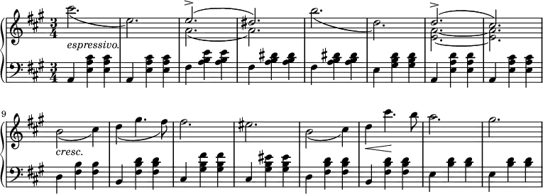 
 \relative c' {
  \new PianoStaff <<
   \new Staff { \key fis \minor \time 3/4
    <<
   {
    s2. s e'2.->( dis2.) s2. s2. d2.->( cis)
   }
    \\
   {
    cis'2._\markup { \italic espressivo. }( e,) a,2.( a2.) b'2.( d,2.) <a e>~ <a e> b2_\markup { \italic cresc. }( cis4) d( gis4. fis8) fis2. eis b2( cis4) d\< cis'4.\! b8 a2. gis
   }
    >>
   }
   \new Dynamics {
    
   }
   \new Staff { \key fis \minor \time 3/4 \clef bass
    a,,,4 <e' a cis> <e a cis> a,4 <e' a cis> <e a cis> fis <a b e> <a b e> fis <a b dis> <a b dis> fis <a b dis> <a b dis> e <gis b d> <gis b d> a,4 <e' a d> <e a d> a,4 <e' a cis> <e a cis> d <fis b> <fis b> b, <fis' b d> <fis b d> cis <gis' b fis'> <gis b fis'> cis, <gis' b eis> <gis b eis> d <fis b d> <fis b d> b, <fis' b d> <fis b d> e <b' d> <b d> e, <b' d> <b d>
   }
  >>
 }
