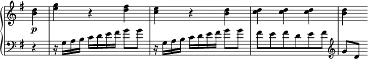 
 \relative c' {
  \new PianoStaff <<
   \new Staff \with { \remove "Time_signature_engraver" } { \key g \major \time 3/4 \partial 4
    <b' d>4\p <e g> r <d fis> <c e> r <b d> <c d> <c d> <c d> <b d>
   }
   \new Staff \with { \remove "Time_signature_engraver" } { \key g \major \time 3/4 \clef bass \partial 4
    r4 r16 g, a b c d e fis g8 g r16 g, a b  c d e fis g8 g fis e fis  d e fis \clef treble g [d]
   }
  >>
 }
