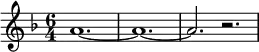 
\relative g'
{  
\time 6/4 
\key f \major
a1.~ a1.~ a2. r2.
} 
