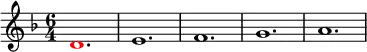 
\relative g'
{  
\time 6/4 
\key f \major
\override Voice.NoteHead.color = #(rgb-color 1 0 0)d1. \override Voice.NoteHead.color = #(rgb-color 0 0 0)e1. f1. g1. a1.
} 
