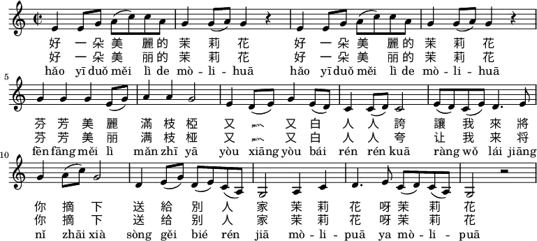 
\relative c' {
 \key c \major
 \clef treble
 \time 2/2
 e4 e8 g a( c) c a |
 g4 g8( a) g4 r |
 e4 e8 g a( c) c a |
 g4 g8( a) g4 r |
 g g g e8( g) |
 a4 a g2 |
 e4 d8( e) g4 e8( d) |
 c4 c8( d) c2 |
 e8( d) c( e) d4. e8 |
 g4 a8( c) g2 |
 d4 e8( g) d( e) c( a) |
 g2 a4 c |
 d4. e8 c( d) c( a) |
 g2 r \bar ".|"
}
\addlyrics {
 好 一 朵 美 麗 的 茉 莉 花
 好 一 朵 美 麗 的 茉 莉 花
 芬 芳 美 麗 滿 枝 椏
 又 香 又 白 人 人 誇
 讓 我 來 將 你 摘 下
 送 給 別 人 家
 茉 莉 花 呀 茉 莉 花
}
\addlyrics {
 好 一 朵 美 丽 的 茉 莉 花
 好 一 朵 美 丽 的 茉 莉 花
 芬 芳 美 丽 满 枝 桠
 又 香 又 白 人 人 夸
 让 我 来 将 你 摘 下
 送 给 别 人 家
 茉 莉 花 呀 茉 莉 花
}
\addlyrics {
 hǎo yī duǒ měi lì de mò -- li -- huā
 hǎo yī duǒ měi lì de mò -- li -- huā
 fēn fāng měi lì mǎn zhī yā
 yòu xiāng yòu bái rén rén kuā
 ràng wǒ lái jiāng nǐ zhāi xià
 sòng gěi bié rén jiā
 mò -- li -- puā ya mò -- li -- puā
}
