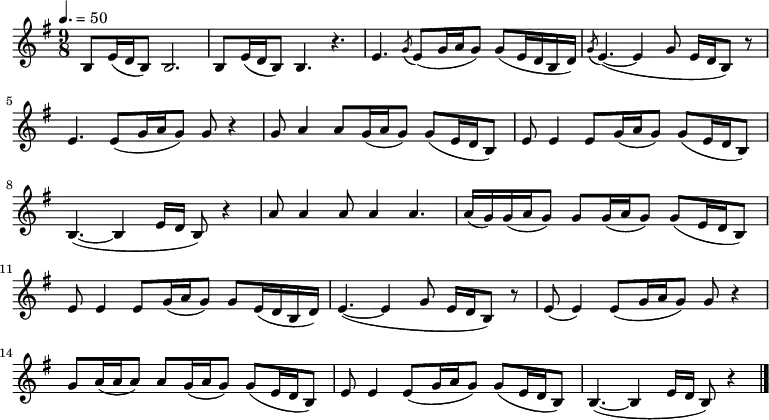 
\relative e' { \key e \minor \time 9/8  \tempo 4. = 50 \set Staff.midiInstrument = #"violin"
b8 e16( d b8) b2.| b8 e16( d b8) b4. r4.| e4. \acciaccatura g8 e8( g16 a g8) g8( e16 d b d)| \acciaccatura g8 e4. ~ ( e4 g8 e16 d16 b8 ) r8|
e4. e8( g16 a g8) g8 r4| g8 a4 a8 g16( a g8) g8( e16 d b8)|e8 e4 e8 g16( a g8) g8( e16 d b8)| b4. ~ ( b4 e16 d16 b8 ) r4|
a'8 a4 a8 a4 a4.| a16( g) g16( a g8) g8 g16( a g8) g8( e16 d b8)| e8 e4 e8 g16( a g8) g8 e16( d b d)| e4. ~ ( e4 g8 e16 d16 b8 ) r8|
e8( e4) e8( g16 a g8) g8 r4| g8 a16( a a8) a8 g16( a g8) g8( e16 d b8)| e8 e4 e8( g16 a g8) g8( e16 d b8)| b4. ~ ( b4 e16 d16 b8 ) r4 \bar "|."}
\addlyrics {
아 리 랑 아 리 랑 아 라 리 요
아 리 랑 고 개 고 개 로 나 를 넘 겨 주 게
눈 이 올 려 나 비 가 올 려 나 억 수 장 마 질 려 나
만 수 산 검 은 구 름 이 막 모 여 든 다}
