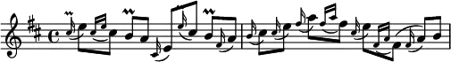 
\transpose g a {   %将C调转为E调，显示效果与固定调写法相同
  \relative c'' {
     \key c \major  \autoBeamOff  
      \appoggiatura b16^\prall d8[\appoggiatura { b16[d] } b8] a^\prall[g]  \appoggiatura b,16 d8[\appoggiatura d'16^\prall b8] a^\prall[\appoggiatura e16 g8]
      \appoggiatura a16 b8[\appoggiatura b16 d8] \appoggiatura e16 g8[\appoggiatura { e16[g] } e8] \appoggiatura b16 d8[\appoggiatura { e,16[g] } e8]( \appoggiatura e16 g8)[a]
  }                                 
}
