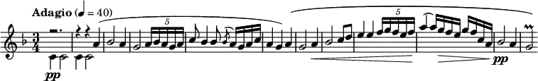 {
 \key d \minor \tempo "Adagio" 4=40 \time 3/4 \relative d'' {
<<
  \relative { r2.| r4 r4| a'4( bes2 a4| g2 \tuplet 5/4 { a16 [bes a g a]}| c8 bes4 bes8 \acciaccatura bes8 a16 g a c| a4 g4) a4\( g2 a4\< bes2 c8 d8| e4 e4 \tuplet 5/4 { f16 [g f e f]}| a4( \! a16) g\> f e g f c a| bes2\pp a4| g2\prall\)}
  \\
  \relative { c'4\pp c2| c4 c2 }
>>
 }
}