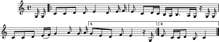 
L:1/8
M:4/4
G,/G,/
|: CCDD E2 DE/F/ | EC D/C/B,/A,/ B,>A,G,/z/ G,/G,/
|CCD(E/F/) G2 AG/A/ |1| GEDF E2 z/G,/ :|2 EC/C/ DB, C2|]

