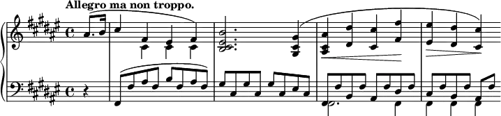 
 \relative c' {
  \new PianoStaff <<
   \new Staff { \key fis \major \time 4/4 \tempo "Allegro ma non troppo." \partial 4
    <<
     {
      ais'8.( b16 cis4 fis, eis fis) <b eis, cis b>2. <gis cis, gis>4( <ais cis, ais>\< <dis dis,> <cis cis,> <fis fis,>\!
      <eis eis,>\> <dis dis,> <cis cis,>\!)
     }
    \\
     { s4 s4 cis, cis cis }
    >>
   }
   \new Staff { \key fis \major \time 4/4 \clef bass
    <<
     {
      d,4\rest fis,8( fis' ais fis b fis ais fis) gis cis, gis' cis, gis' cis, eis cis fis, fis' b, fis' ais, fis' dis fis cis fis b, fis' ais,[ fis']
     }
    \\
     { s4 s1 s1 fis,2. fis4 fis fis fis }
    >>
   }
  >>
 }
