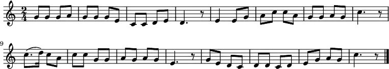 
 \relative c'' {
  \new PianoStaff <<
   \new Staff { \key c \major \time 2/4 
   g8 g8 g8 a8| g8 g8 g8 e8| c8 c8 d8 e8| d4. r8|
   e4 e8 g8| a8 c8 c8 a8| g8 g8 a8 g8| c4. r8|
   c8.( d16) c8 a8| c8 c8 g8 g8| a8 g8 a8 g8| e4. r8|
   g8 e8 d8 c8| d8 d8 c8 d8| e8 g8 a8 g8| c4. r8 \bar "|."
   }
  >>
 }
