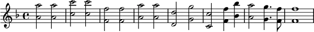 {\key f \major <a' a''>2 <a' a''> <c'' c'''> <c'' c'''> <f' f''> <f' f''> <a' a''> <a' a''> <d' d''> <g' g''> <c' c''> <f' f''>4 ~ <bes' bes''> <a' a''>2 ~ <g' g''>4. <f' f''>8 <f' f''>1}