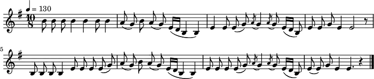 
\relative e' { \key e \minor \time 10/8  \tempo 4 = 130 \set Staff.midiInstrument = #"violin"
b'8 b8 b8 b4 b4 b8 b4| a8( g) b8 a8( g) e16( d b4 b4)|
e4 e8 e8( g) \acciaccatura a8 g4 \acciaccatura a8 g8 e16( d b8)| e8 e8 g8 e4 e2 r8|
b8 b8 b8 b4 e8 e8 e8 e8( g)| a8( g) b8 a8( g) e16( d b4 b4)|
e8 e8 e8 e8( g) \acciaccatura a8 g4 \acciaccatura a8 g8 e16( d16 b8)| e8( e) g8 e4 e4. r4 \bar "|."}
\addlyrics {
아 주 까 리 동 백 아 열 지 마 라
누 구 를 괴 자 고 머 리 에 기 름
아 리 아 리 쓰 리 쓰 리 아 라 리 요
아 리 아 리 얼 씨 구 노 다 가 세}
