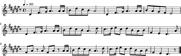  \transpose c dis { \relative c' { \key c \major \tempo 4=80
 c4 e8. f16 g4. g16 g a8 c b a g2 c,4 e8. f16 g4. g16 g a8 g f e d2
 c4 e8. f16 g4. g16 g a8 c b a g4. c8 b8. c16 d8 b c a g a e4 d c4. g'8
 e g r g e g r g16 g a8 c b a g4. c8 b8. c16 d8 b c a g a e4 d c4. r8
 \bar "|." } } 