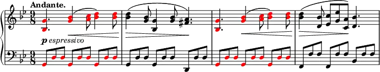 
 \relative c' {
  \new PianoStaff <<
   \new Staff { \key g \minor \time 9/8 \tempo "Andante." \tempo 8 = 96
   \set Score.tempoHideNote = ##t
    \override Voice.NoteHead.color = #(rgb-color 1 0 0) <g' bes,>4._\markup { \dynamic p \italic espressivo } <bes g>4\<( <c a>8 <d bes>4) <d bes>8 \override Voice.NoteHead.color = #(rgb-color 0 0 0) <d bes>4(\> <bes g>8 <g bes,>4 <bes g>8 <a fis>4.)\!
    \override Voice.NoteHead.color = #(rgb-color 1 0 0) <g bes,> <bes g>4\<( <c a>8 <d bes>4) <d bes>8 \override Voice.NoteHead.color = #(rgb-color 0 0 0) <d bes>4\>( <bes d,>8 <c es,> <es g,> <a, c,>\!) <bes d,>4.
   }
   \new Staff { \key g \minor \time 9/8 \clef bass \stemUp
    \override Voice.NoteHead.color = #(rgb-color 1 0 0) g,,8 d' d g, d' d g, d' d \override Voice.NoteHead.color = #(rgb-color 0 0 0) | g, d' d g, d' d d, d' d \override Voice.NoteHead.color = #(rgb-color 1 0 0) | g, d' d g, d' d g, d' d \override Voice.NoteHead.color = #(rgb-color 0 0 0) | f, f' f f, f' f bes, f' f |
   }
  >>
 }
