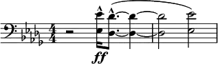 
\relative c' {
  \key des \major
  \numericTimeSignature
  \time 4/4
  \clef bass
   r2 <ees ees,>16-^\ff <des des,>8.-^( ~ <des des,>4 ~ | <des des,>2 <ees ees,>) |
  }
