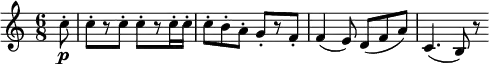 
\relative c'' {
\key c \major \time 6/8
\partial 8 c8-. \p | c8-.[ r c-.] c-.[ r c16-. c-.] | c8-. b-. a-. g-.[ r f-.]
f4( e8) d( f a) | c,4.( b8) r
} 