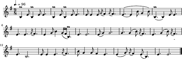 
\relative e' { \key e \minor \time 9/8  \tempo 4. = 96 \set Staff.midiInstrument = #"violin"
b4\prall e8 b4\prall e8 e4.| b4\prall e8 b4\prall e8 e4.| e8 e4 e8 \acciaccatura g8 fis4 \acciaccatura g8 fis4.| e4. ~ ( e4 b'8 g4 b8)|
b,4.\prall( b4) e8 e4.| e4. e4. \acciaccatura g8 fis4.| e4 g8 b4 g16( fis b,4.\prall)| e4. e2.|
e8( g4) g2.| g4. g4( b8) \acciaccatura g8 fis4.| e4. g4( b8) \acciaccatura g8 fis4.| e4. b2.|
e8 e4 e4. \acciaccatura g8 fis4.| b8 g4 g8 fis4  e4.| e4( g8) \acciaccatura g8 fis4 e8( b4.)| e4. e2. \bar "|."}
\addlyrics {
아 리 아 리 랑 쓰 리 쓰 리 랑 아 라 리 가 났 네
아 리 랑 응 응 응 아 라 리 가 났 네
문 경 새 재 는 웬 고 - 갠 가
구 부 야 아 구 부 구 부 가 눈 물 이 난 다}
