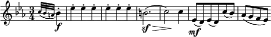  \relative c'' {
\key es \major \time 3/4
\partial 4 \appoggiatura { c32 bes a } bes4-. \f
es4-. es-. es-. es-. es-. es-.
<< \new Voice { b2.( | c2) c4 }
   \new Voice { s4 \sf \> s s | s4 s \! s } >>
es,8( \mf d) es( d) c'( bes) | as8([ g f es)]
} 