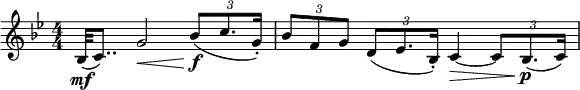 
\relative c' {
  \numericTimeSignature \key bes \major \time 4/4
   bes32\mf( c8..) g'2\< \tuplet 3/2 {bes8\f( c8. g16-.) } |
   \tuplet 3/2 {bes8 f g } \tuplet 3/2 {d( ees8. bes16-.) } c4\>~ 
   \tuplet 3/2 {c8 bes8.\p( c16) }
   }
