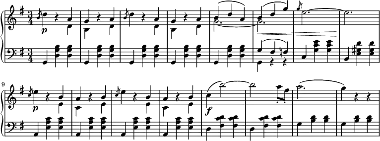 
 \relative c' {
  \new PianoStaff <<
   \new Staff { \key e \minor \set Score.tempoHideNote = ##t \tempo 2.=52 \time 3/4 
    <<
   {
    \slashedGrace b'8 \stemUp s4 b4\rest a g b4\rest a \slashedGrace b8 s4 b4\rest a g b4\rest a b^( d a) b^( d g) \slashedGrace g8 s2. s \slashedGrace c,8 s4 b4\rest b a b4\rest b \slashedGrace c8 s4 b4\rest b a b4\rest b
   }
    \\
   {
    \slashedGrace s8 \stemDown d4\p s4 d, b s d d'4 s4 d, b s d g2.~ g\< e'2.^~ e\! e4\p s4 e, c s e e'4 s4 e, c s e c'\f^( b'2^~) b a8-. fis-. a2.^( g4) b,4\rest b4\rest
   }
    >>
   }
   \new Dynamics {
    
   }
   \new Staff { \key e \minor \time 3/4 \clef bass
    <<
      { \slashedGrace s8 \stemUp g,,4 s s g s s g s s g s s g s s g'^( fis f) c s s b s s a s s a s s a s s a }
    \\
      { \slashedGrace s8 \stemDown s4 <d g b> <d g b> s <d g b> <d g b> s <d g b> <d g b> s <d g b> <d g b> s <d g b> <d g b> g, r r s <g' c e> <g c e> s <e gis d'> <e gis d'> s <e a c> <e a c> s <e a c> <e a c> s <e a c> <e a c> s <e a c> <e a c> d <fis c' d> <fis c' d> d <fis c' d> <fis c' d> g <b d> <b d> g <b d> <b d> }
    >>
      }
  >>
 }
