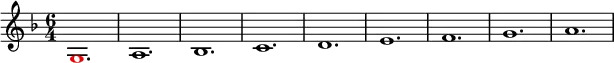 
\relative g'
{  
\time 6/4 
\key f \major
\override Voice.NoteHead.color = #(rgb-color 1 0 0)g,1. \override Voice.NoteHead.color = #(rgb-color 0 0 0)a1. bes1. c1. d1. e1. f1. g1. a1.
} 
