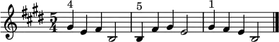  \relative c'' {\set Staff.midiInstrument = #"tubular bells" \time 5/4  \key e \major gis4^"4" e fis b,2 | b4^"5" fis' gis e2 | gis4^"1" fis e b2\bar "|."|}