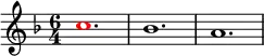 
\relative g'
{  
\time 6/4 
\key f \major
\override Voice.NoteHead.color = #(rgb-color 1 0 0)c1. \override Voice.NoteHead.color = #(rgb-color 0 0 0)bes1. a1.
} 
