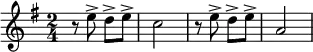 \relative c'' { \clef treble \key g \major  \time 2/4  \autoBeamOff r8 e8-> d8-> [e8->] |c2 |r8 e8-> d8-> [e8->] | a,2 } 