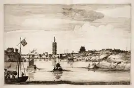 荷兰人约翰·纽霍夫在1665年所画的赣州风景图，图中画有慈云寺塔