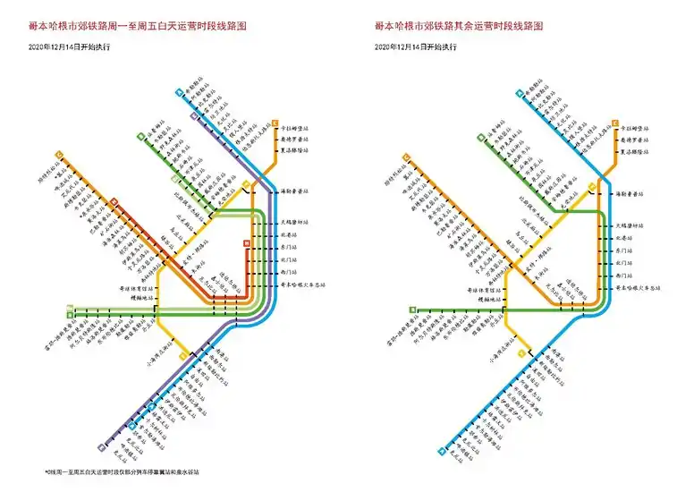 左侧线路图为周一至周五白天时段线路图，右侧线路图为其余运营时段线路图（2020年12月14日开始执行，数据截至2021年4月4日）